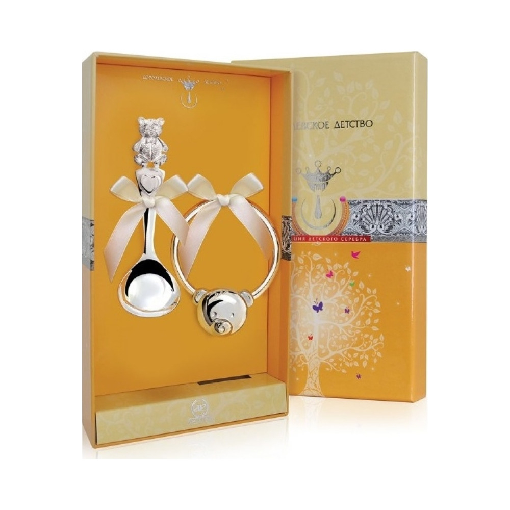 Набор детского серебра «Мишка» с погремушкой на серебряном кольце