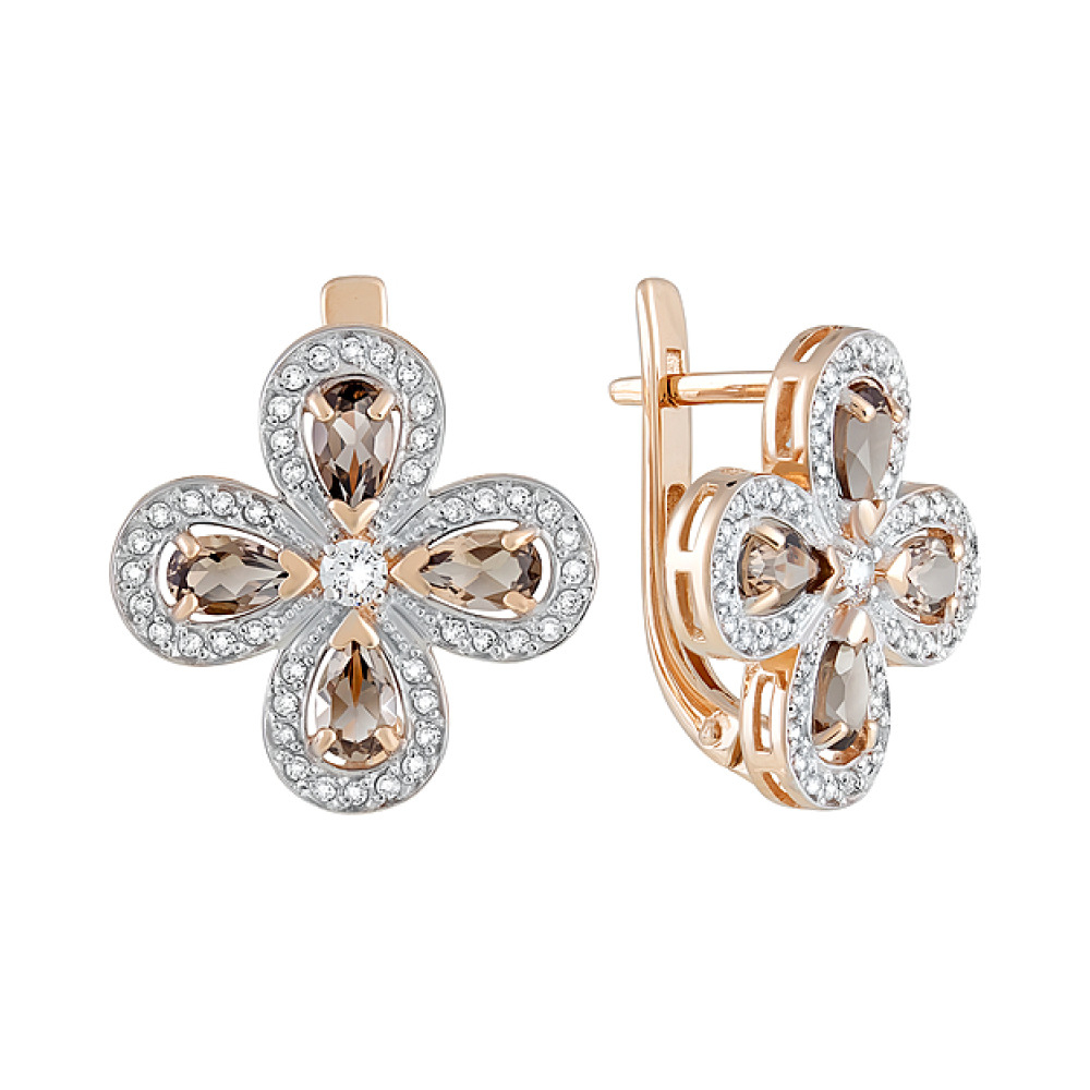 Золотые серьги с раухтопазом и фианитом № 128488