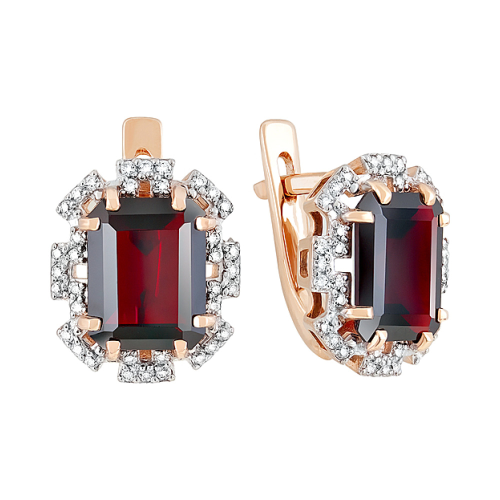 Золотые серьги с гранатом и фианитом № 118606