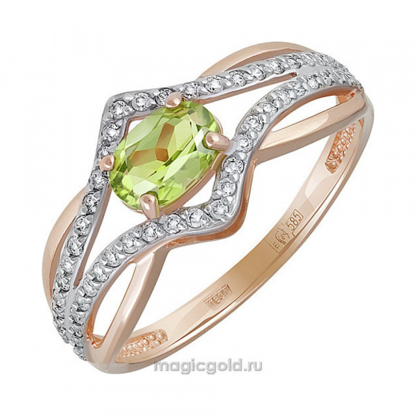 Золотое кольцо с хризолитом и фианитом № 141336
