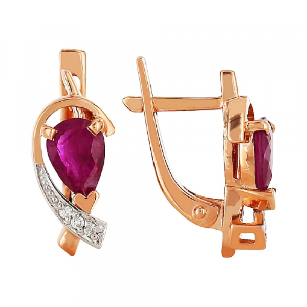 Золотые серьги с бриллиантом и рубином № 96345