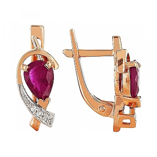 Золотые серьги с бриллиантом и рубином № 84458