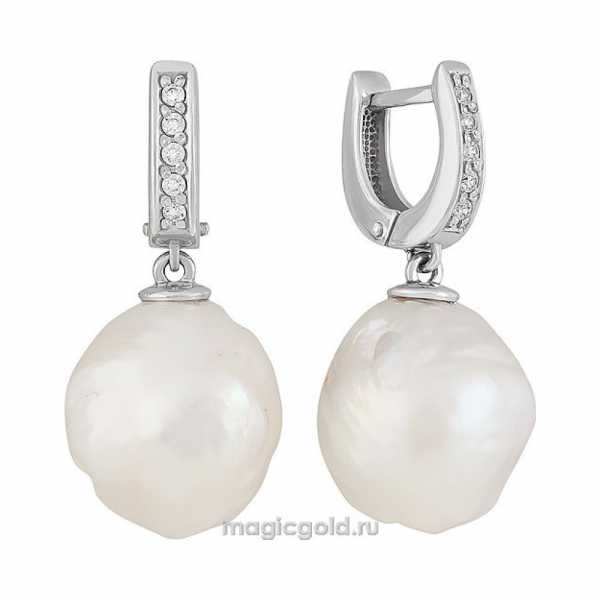 Серебряные серьги с барочным жемчугом и фианитом № 139517
