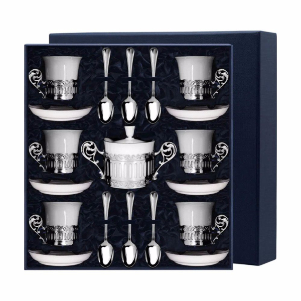 Набор Богема: блюдце, ложка, чашка, сахарница из серебра 925 пробы