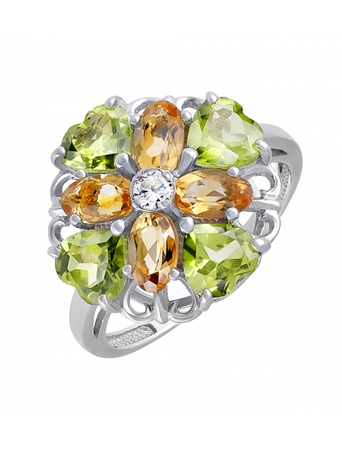 Серебряное кольцо с полудрагоценными вставками и фианитом № 131457