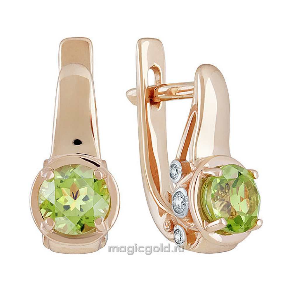 Золотые серьги с хризолитом и фианитом № 139246