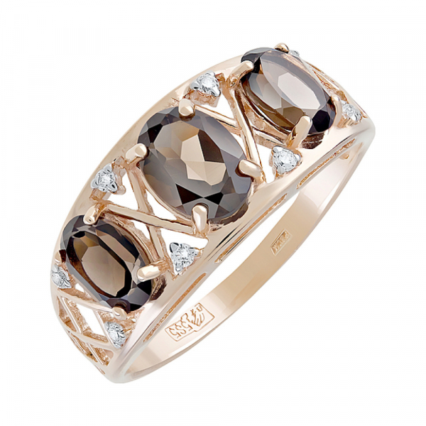 Золотое кольцо с раухтопазом и фианитом № 119704