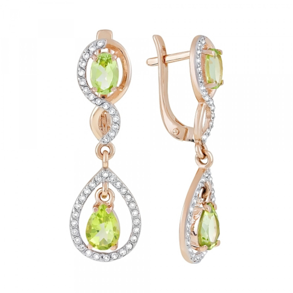 Золотые серьги с хризолитом и фианитом № 120019