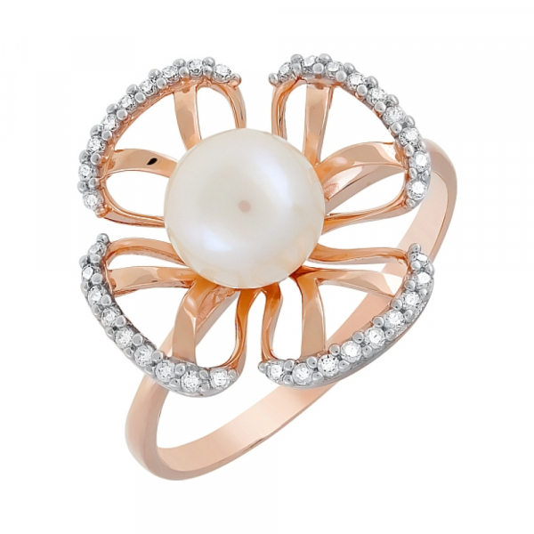 Золотое кольцо с жемчугом и фианитом № 120143
