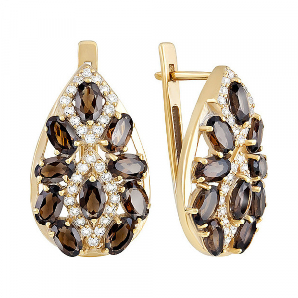 Серебряные серьги с раухтопазом, фианитом и золотым покрытием № 132641