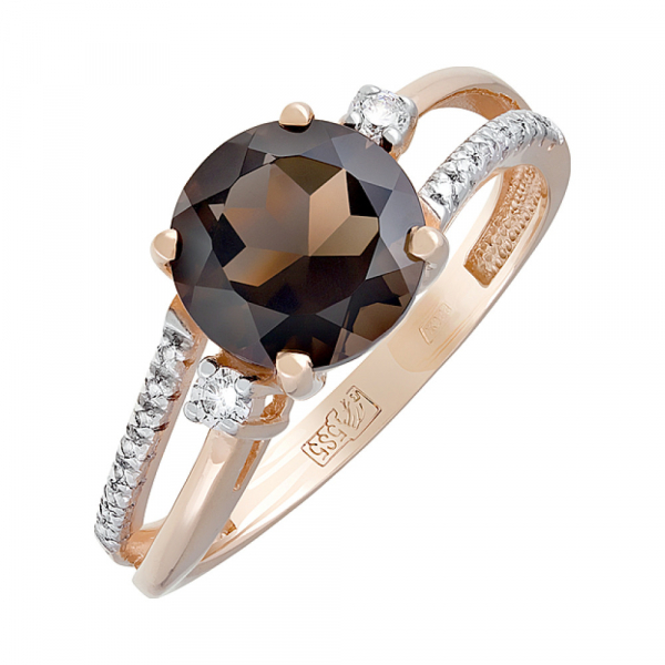 Золотое кольцо с раухтопазом и фианитом № 123084