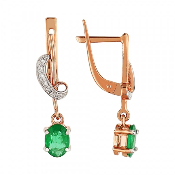 Золотые серьги с бриллиантом и изумрудом № 96382