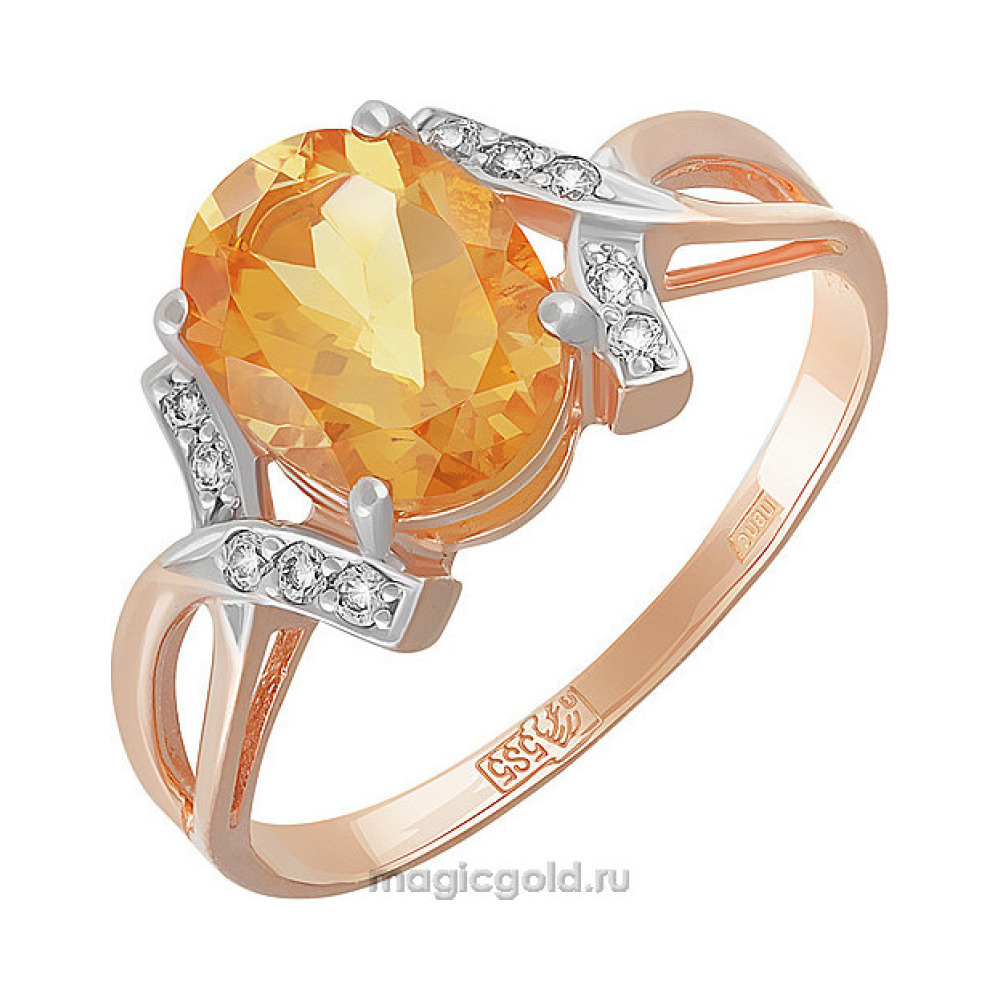 Золотое кольцо с цитрином и фианитом № 106137