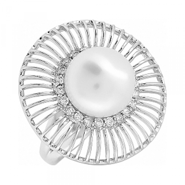 Серебряное кольцо с имитацией жемчуга и фианитом № 114285