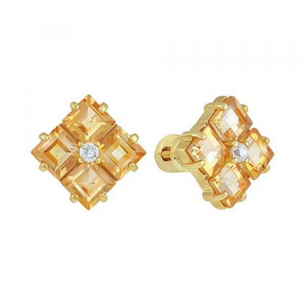 Пуссеты с цитрином фианитом и золотым покрытием № 133957