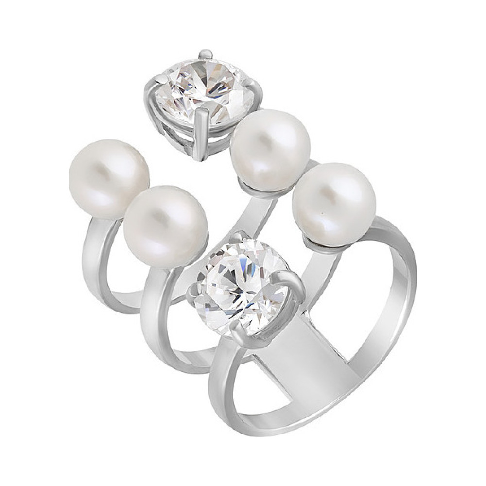 Серебряное кольцо с жемчугом и фианитом № 129641