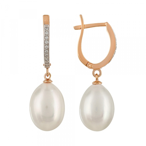 Золотые серьги с жемчугом и фианитом № 105345