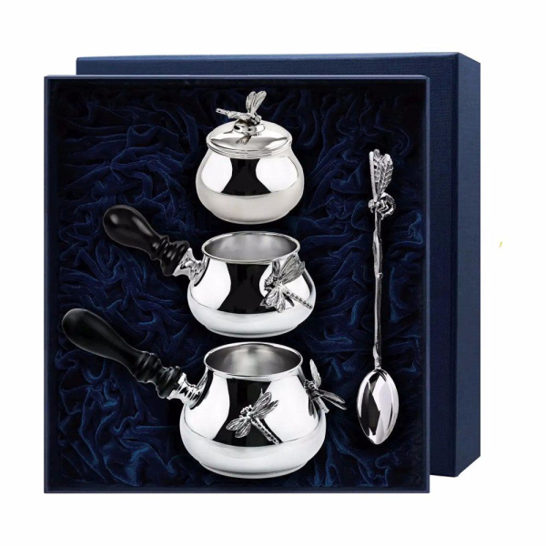 Набор для кофе Стрекоза: ложка, турка , сливочник, сахарница из серебра 925 пробы