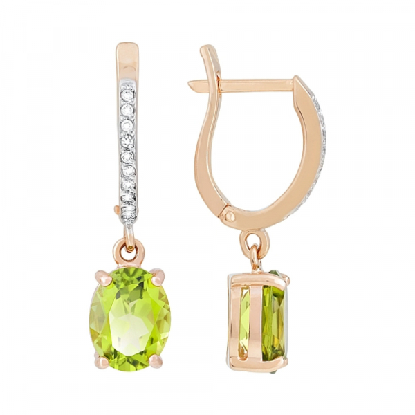 Золотые серьги с хризолитом и фианитом № 112204