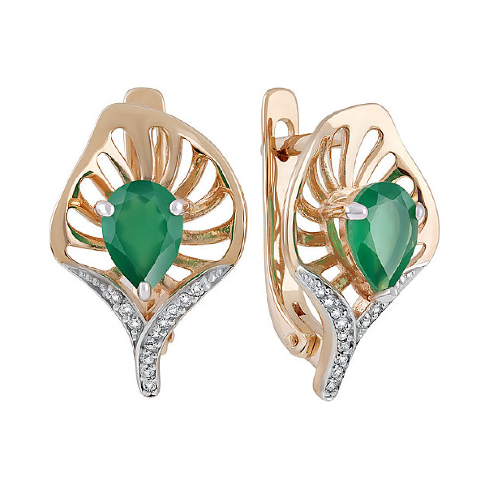 Золотые серьги с зеленым ониксом и фианитом № 130085