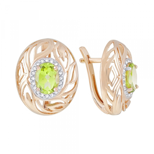 Золотые серьги с хризолитом и фианитом № 120014