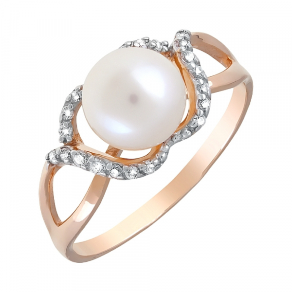 Золотое кольцо с жемчугом и фианитом № 120743