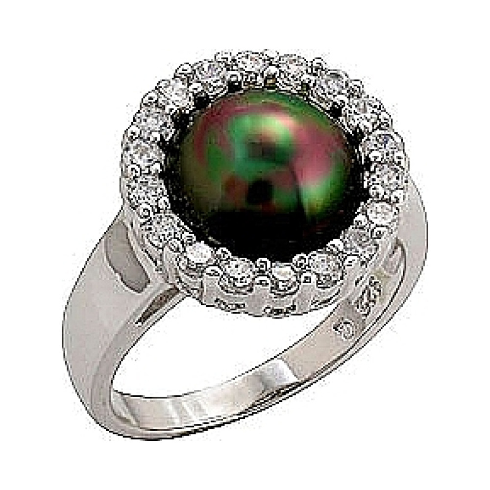 Серебряное кольцо с имитац. жемчуга и фианитом № 70693