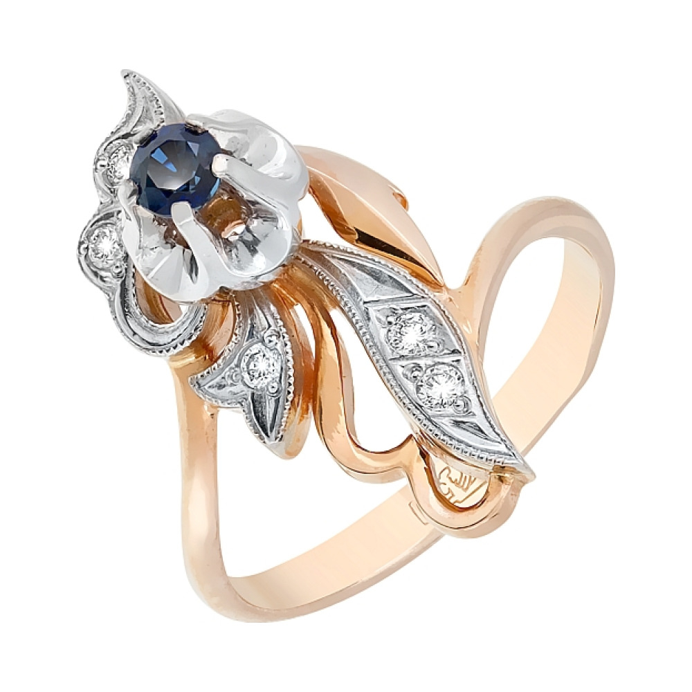 Золотое кольцо с бриллиантом и сапфиром № 4266