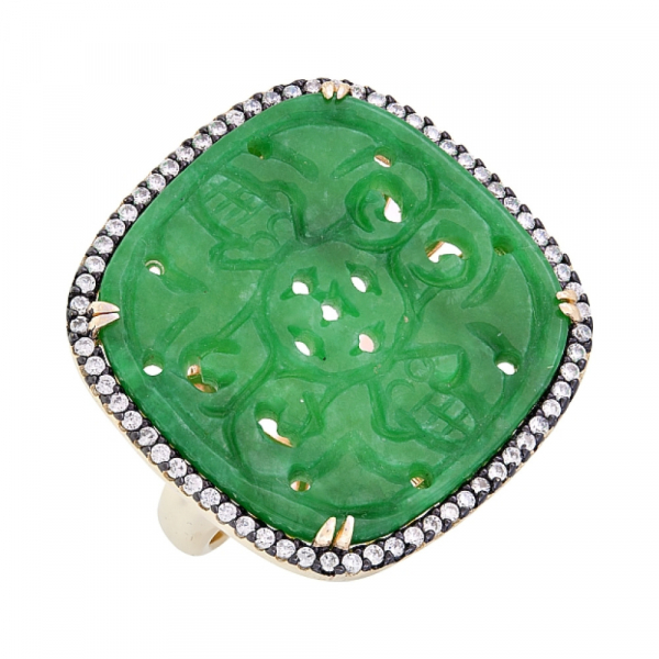 Серебряное кольцо с нефритом, фианитом и золотым покрытием № 118163