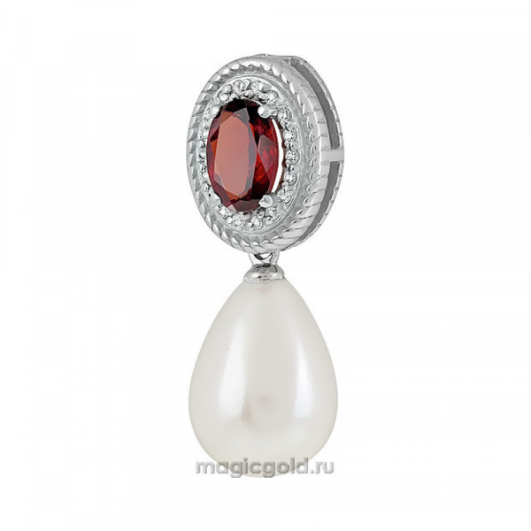 Серебряная подвеска с гранатом, перламутровым жемчугом и фианитом № 135301