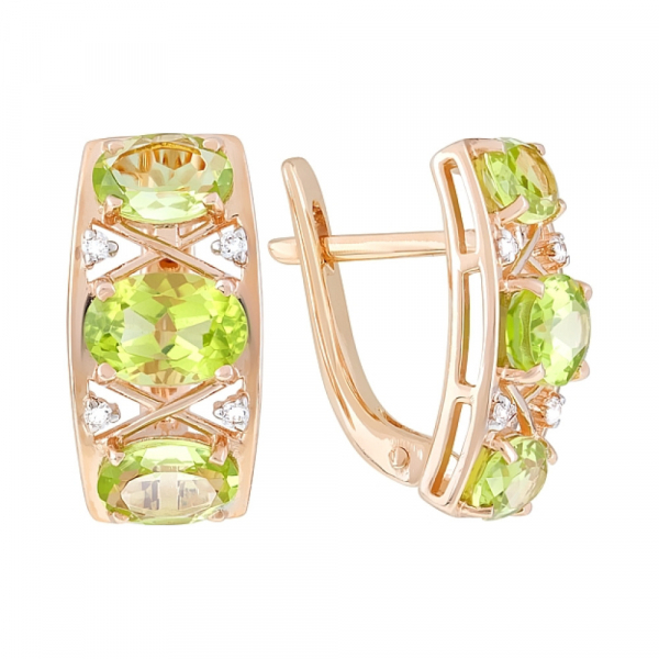 Золотые серьги с хризолитом и фианитом № 119636