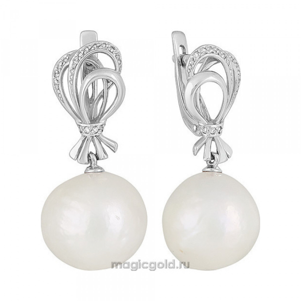 Серебряные серьги с барочным жемчугом и фианитом № 139516