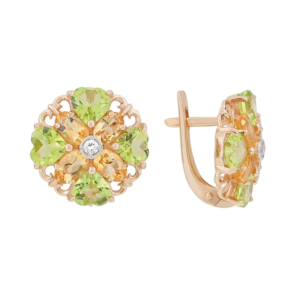 Золотые серьги с полудрагоценными  вставками и фианитом № 114081