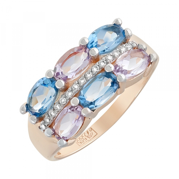 Золотое кольцо с полудрагоценными вставками и фианитом № 120456