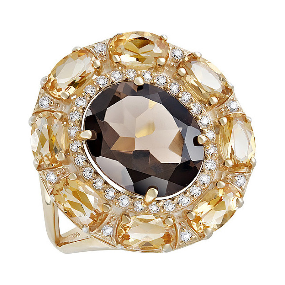 Серебряное кольцо с полудрагоценными вставками и золотым покрытием № 133178