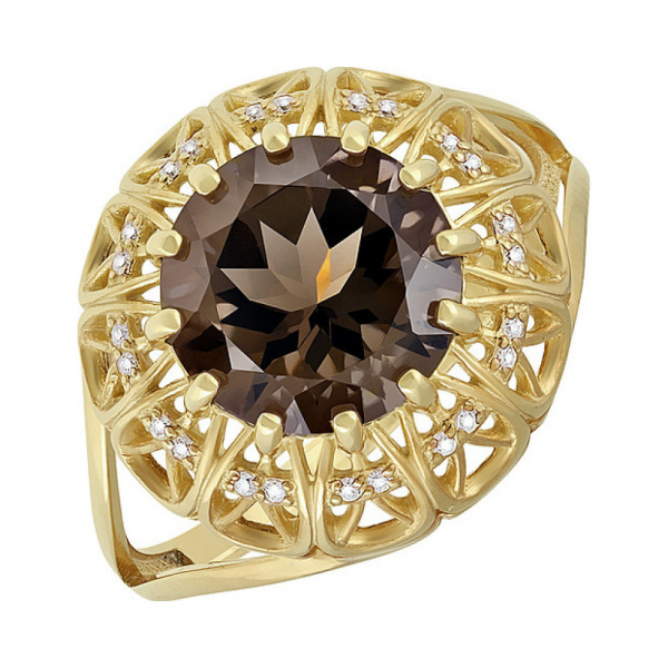 Серебряное кольцо с раухтопазом, фианитом и золотым покрытием № 132618