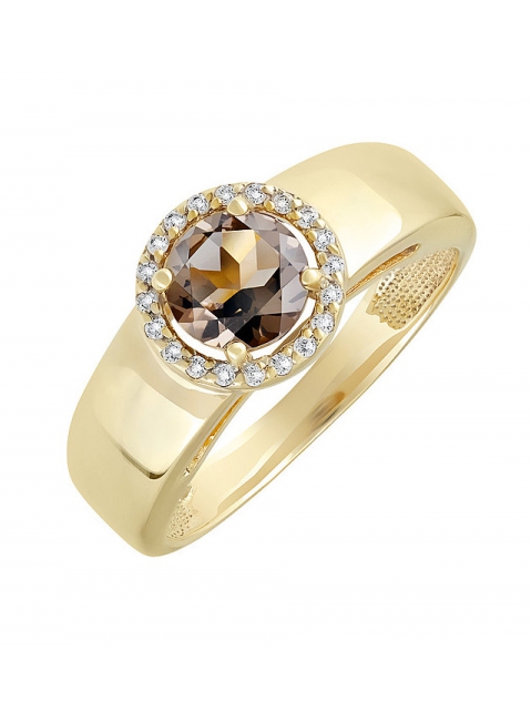 Серебряное кольцо с раухтопазом, фианитом и золотым покрытием № 132604