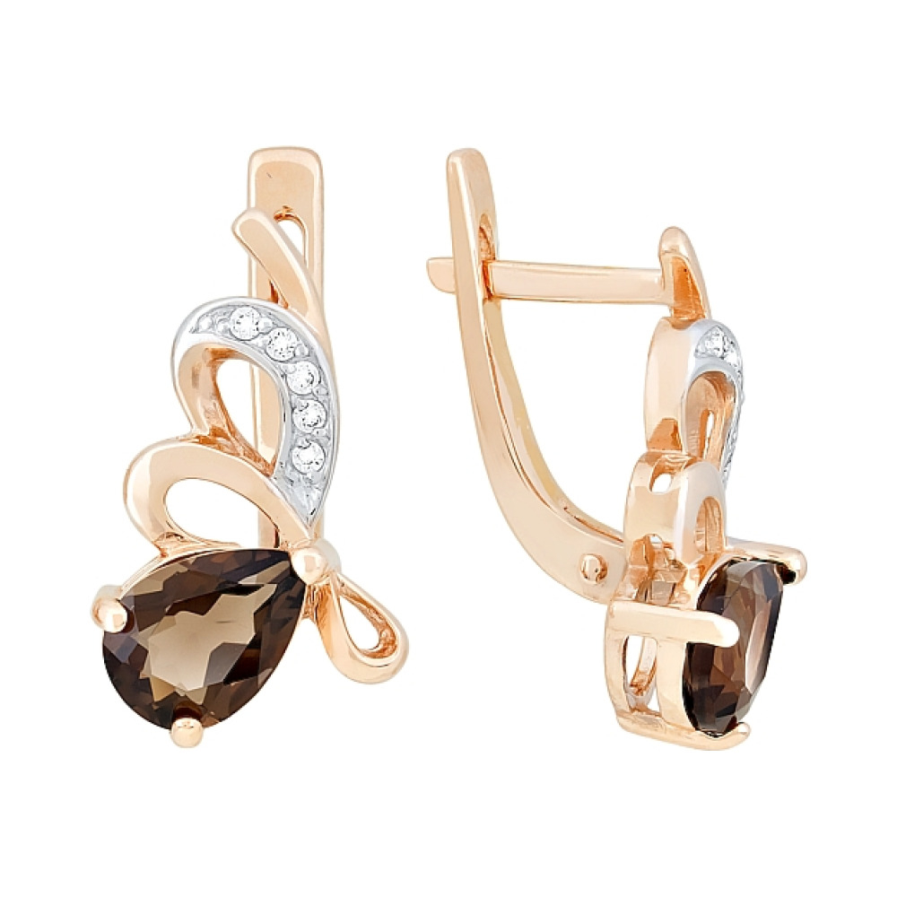 Золотые серьги с раухтопазом и фианитом № 117733