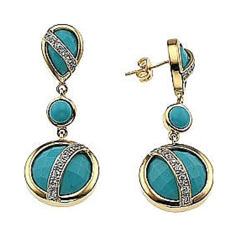 Серебряные серьги с фианитом, имитац. бирюзы и зол. покрыт. № 33983