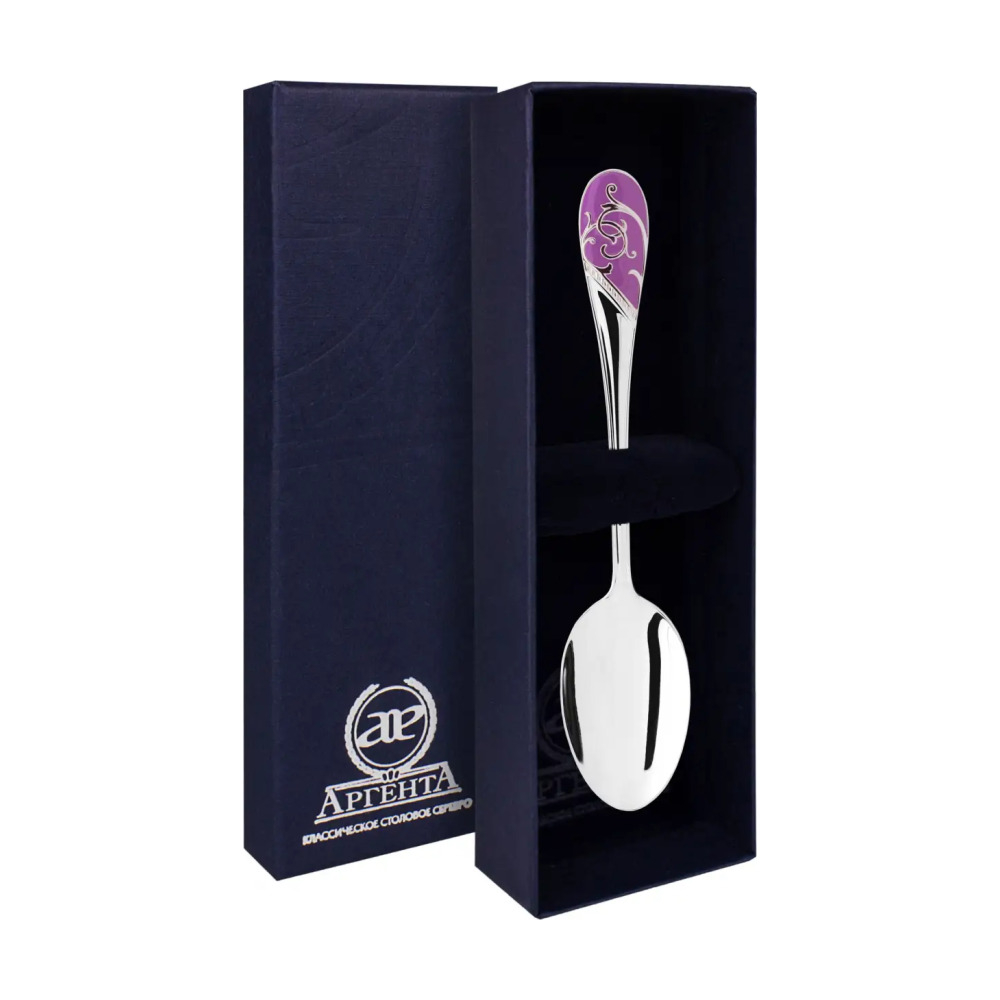 Ложка чайная Кружевные узоры Сиреневые цветы из серебра 925 пробы