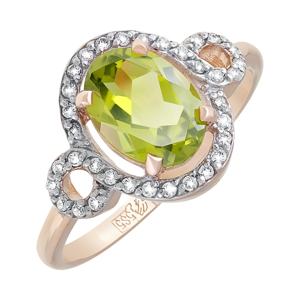 Золотое кольцо с хризолитом и фианитом № 120502