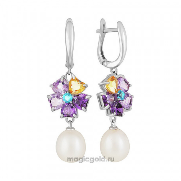 Серебряные серьги с аметистом, жемчугом,алпанитом и фианитом № 133602