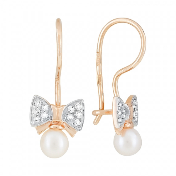 Золотые серьги с жемчугом и фианитом № 119018