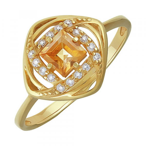 Серебряное кольцо с цитрином, фианитом и золотым покрытием № 135884