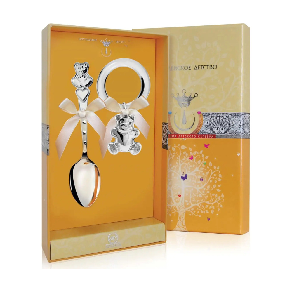 Набор для малышей КД Мишка с сердечками: ложка и погремушка из серебра 925 пробы