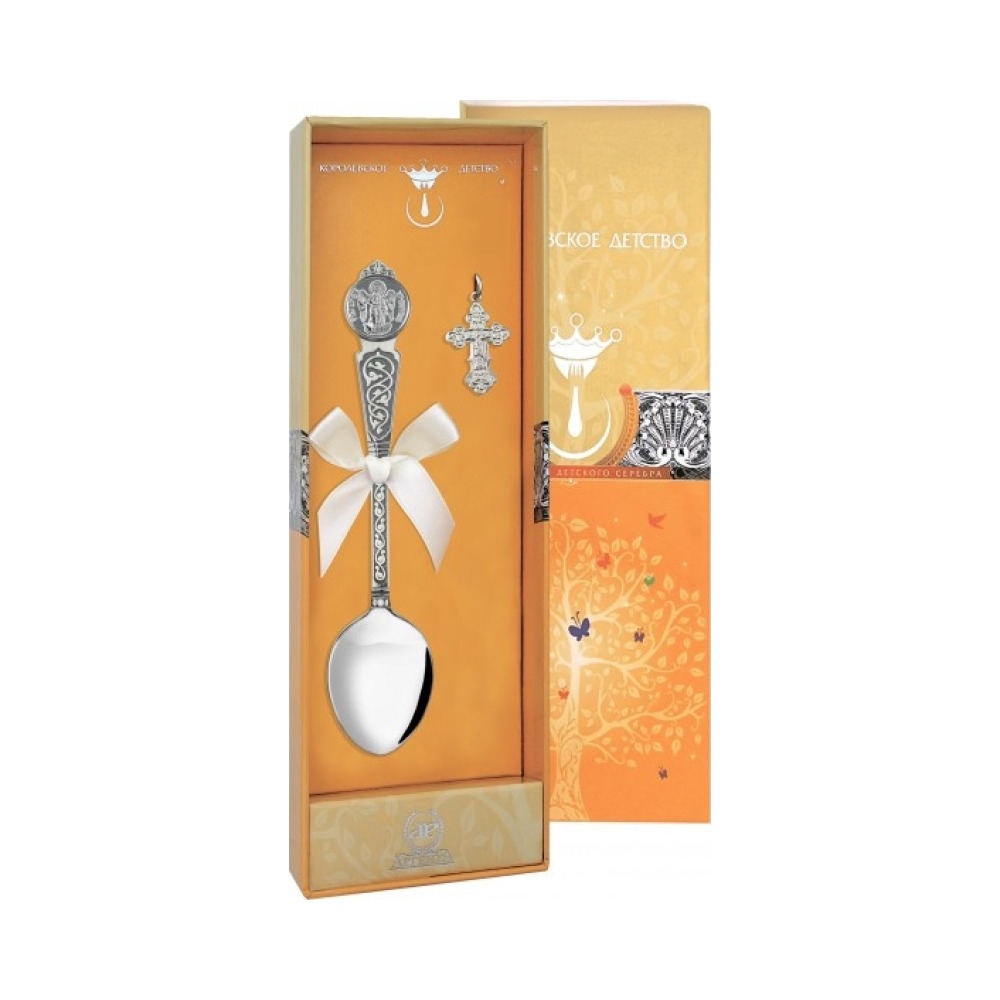 Набор "Крестильный" с ложкой "Ангел Хранитель" с чернением + футляр