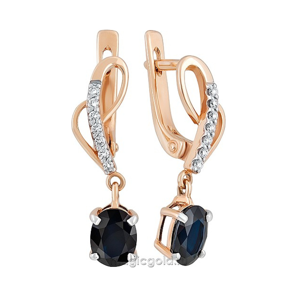 Золотые серьги с бриллиантом и сапфиром № 111896