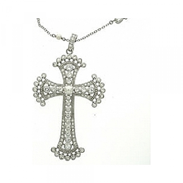 Серебряное колье с имитац.жемчуга и фианитом № 34053