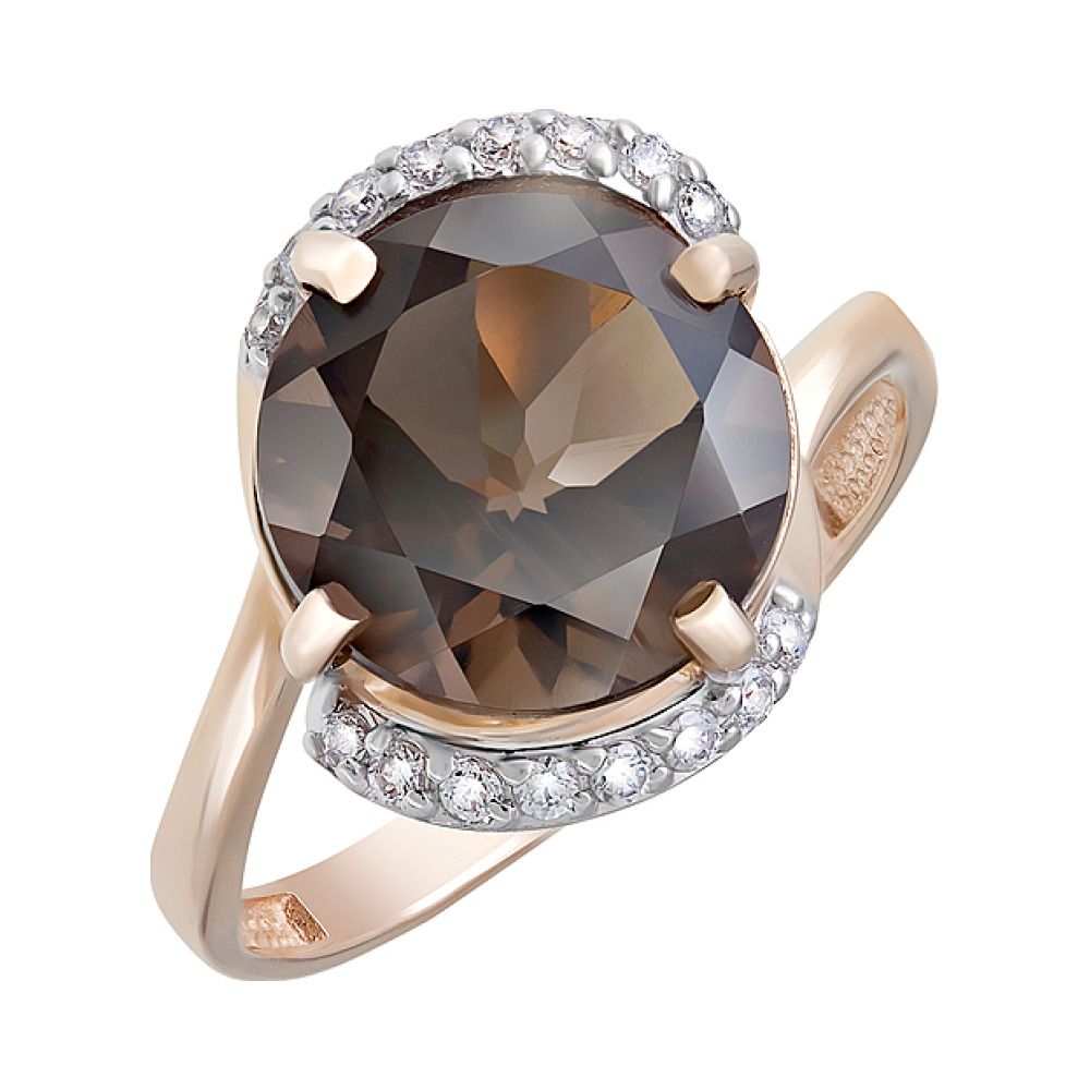 Золотое кольцо с раухтопазом и фианитом № 124080