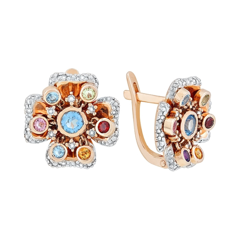 Золотые серьги с бриллиантом и полудрагоценными вставками № 26570